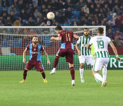 Manolis Sopis 6 ,Anastasios Bakasetas 11 of Trabzonspor and Aissa Laidouni 93 , Balint Vecsei 19 of Ferencvarosi TC battle for the ball during the UEFA Europa League group H match between Trabzonspor and Ferencvarosi TC at Senol Gunes Stadium in Trabzon, Turkey on November 3, 2022. ( Photo by Seskimphoto ) 