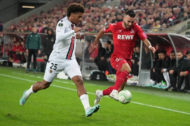 GER, Europa Conference League, group stage, matchday 6, 1 FC Koeln GER vs OGC Nice FRA 03 11 2022, Rheinenergie Stadion, Koeln, GER, Europa Conference League, group stage, matchday 6, 1 FC Koeln GER vs OGC Nice FRA , pictured Sargis Adamyan FC Koeln 23 , one-on-one against Jean Clair Todibo Nice 25 , nordphotoxGmBHx xMeuter nph00351