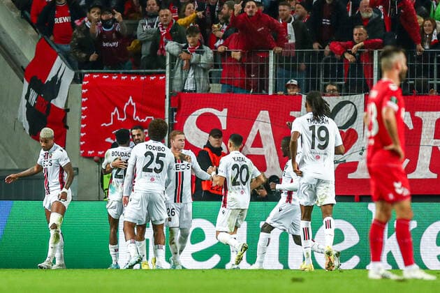 Goal, goal celebration, to 0 1 by Gaetan Laborde OGC Nice, 24 , GER, FC Köln Koeln vs OGC Nice Nice, UEFA Conference League 2022 23, group stage, group D, match day 6, 03 11 2022, GER, FC Köln Koeln vs OGC Nice Nice, UEFA Conference League 2022 23, group stage, group D, match day 6, 03 11 2022, Photo Eibner Press Photo Gabriel Boia Köln Koeln Copyright: xEibner-Pressefoto GabrielxBoiax EP_EER