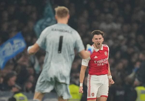 Mandatory Credit: Photo by Dave Shopland Shutterstock (13602543af) Kieran Tierney of Arsenal celebrates scoring opening goal with Aaron Ramsdale 1-0 Arsenal v FC Zurich, UEFA Europa League, Group A, Football, Emirates Stadium, London, UK - 03 Nov 2022 EDITORIAL USE ONLY No use with unauthorised audio, video, data, fixture lists, club league logos or live services. Online in-match use limited to 120 images, no video emulation. No use in betting, games or single club league player publications. Arsenal v FC Zurich, UEFA Europa League, Group A, Football, Emirates Stadium, London, UK - 03 Nov 2022 EDITORIAL USE ONLY No use with unauthorised audio, video, data, fixture lists, club league logos or live services. Online in-match use limited to 120 images, no video emulation. No use in betting, games or single club league player publications. Copyright: xDavexShopland Shutterstockx 13602543af