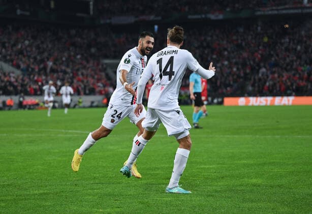 Cheers Gaetan Laborde OGC Nice , left , and Billal Brahimi OGC Nice 03 11 2022, Football, UEFA Europa Conference League, Season 2022 23, Group Stage, Matchday 6 1 FC Köln OGC Nice Koeln RheinEnergieStadion Nordrhein Westfalen Germany Team2