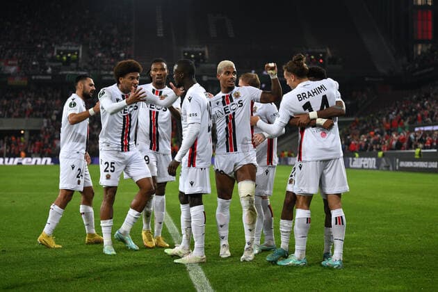 Cheers Nice after 0 2 by Billal Brahimi OGC Nice 03 11 2022, Football, UEFA Europa Conference League, Season 2022 23, Group Stage, Matchday 6 1 FC Köln OGC Nice Koeln RheinEnergieStadion Nordrhein Westfalen Germany Team2