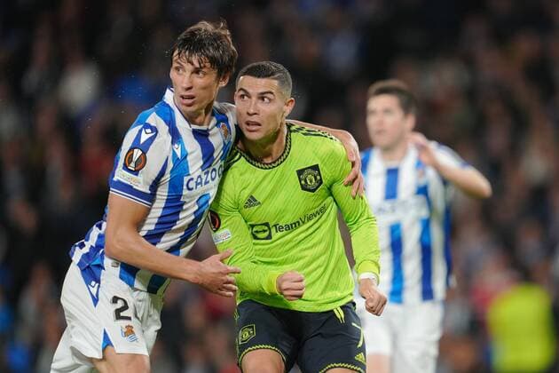 Mandatory Credit: Photo by Bagu Blanco Pressinphoto Shutterstock (13607020cp) Cristiano Ronaldo of Manchester United, ManU and Robin Le Normand of Real Sociedad Real Sociedad v Manchester United, UEFA Europa League, Group C, date 4. Football, Reale Arena Stadium, San Sebastian, Spain - 3 Nov 2022 Editorial use only Real Sociedad v Manchester United, UEFA Europa League, Group C, date 4. Football, Reale Arena Stadium, San Sebastian, Spain - 3 Nov 2022 Editorial use only  Copyright: xBaguxBlanco Pressinphoto Shutterstockx 13607020cp