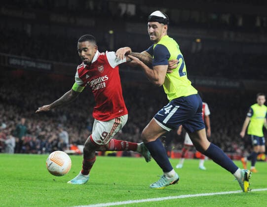 Football - 2022 2023 UEFA Europa League - Group A - Round Six - Arsenal vs Zurich - Emirates Stadium - Thursday 3rd November 2022 Gabriel Jesus of Arsenal and Nikola Katic of Zurich Colorsport Andrew Cowie 
