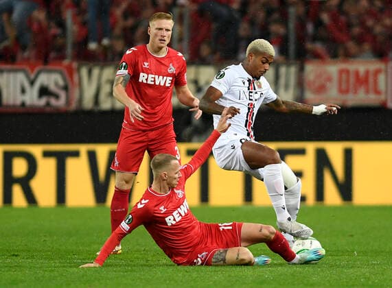 03 11 2022, Cologne, Germany, RheinEnergieStadium, 1 FC Koeln vs OGC Nice UEFA Europa Conference League Group D, Ondrej Duda 1 FC Koeln and Mario Lemina OGC Nice in duel Photo Ralf Treese Cologne RheinEnergieStadium North Rhine Westphalia Germany  521_KOENIZ20221103_009 Treese-521