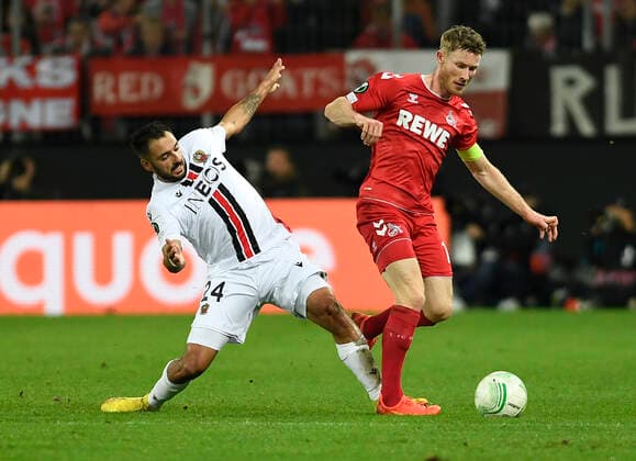 03 11 2022, Cologne, Germany, RheinEnergieStadium, 1 FC Koeln vs OGC Nice UEFA Europa Conference League Group D, Gaetan Laborde OGC Nice and Florian Kainz 1 FC Koeln in duel Photo Ralf Treese Cologne RheinEnergieStadium North Rhine Westphalia Germany  521_KOENIZ20221103_017 Treese-521