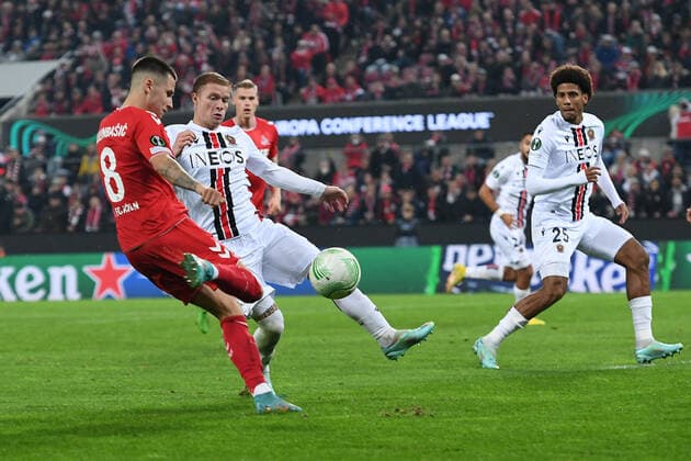 Soccer UEFA Conference League group stage 6 matchday 1 FC Cologne OGC Nice on 03 11 2022 at RheinEnergieStadion in Cologne goal shot goal to 1 2 by Denis Huseinbasic Cologne xHDx