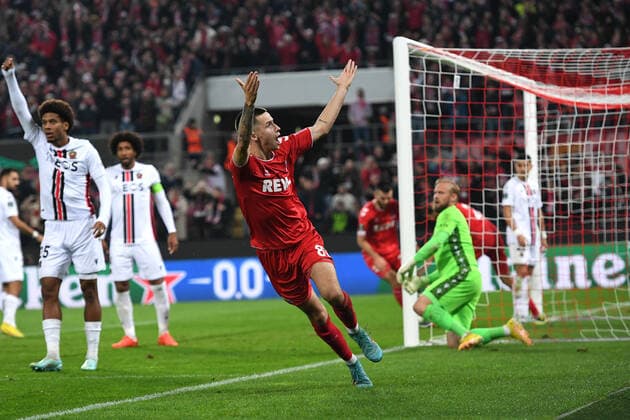 Soccer UEFA Conference League group stage 6 matchday 1 FC Köln OGC Nice on 03 11 2022 at RheinEnergieStadion in Cologne goal celebration goal to 1 2 by Denis Huseinbasic Köln xHDx