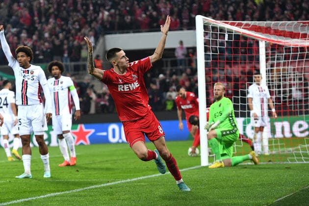 Soccer UEFA Conference League group stage 6 matchday 1 FC Köln OGC Nice on 03 11 2022 at RheinEnergieStadion in Cologne goal celebration goal to 1 2 by Denis Huseinbasic Köln xHDx