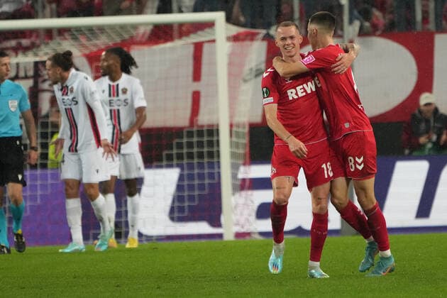 GER, Europa Conference League, group stage, matchday 6, 1 FC Koeln GER vs OGC Nice FRA 03 11 2022, Rheinenergie Stadion, Koeln, GER, Europa Conference League, group stage, matchday 6, 1 FC Koeln GER vs OGC Nice FRA , pictured 2 2 by Ondrej Duda FC Koeln 18 , goal celebration cheer run, with Denis Huseinbasic FC Koeln 8 , nordphotoxGmBHx xMeuter nph00351