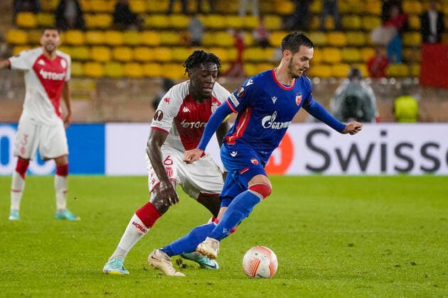 Mirko Ivanic (Etoile Rouge de Belgrade) - Axel Disasi (AS Monaco) FOOTBALL : AS Monaco vs Etoile Rouge de Belgrade - Europa League - Phase de groupe H - Monaco - 03 11 2022 NorbertScanella Panoramic 