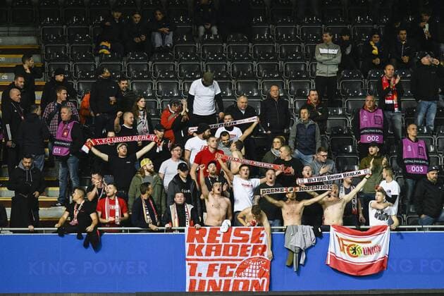 LEUVEN, BELGIUM - NOVEMBER 03 : Illustration picture shows Union Berlin supporters in the stands despite the ban of the mayor of Leuven during UEFA Europa league match between Union St-Gilloise and Union Berlin at the King Power Stadium at den Dreef November 3, 2022 in Leuven, Belgium, 3 11 2022 ( Union ST-Gilloise v Union Berlin PhotoNews Panoramic 