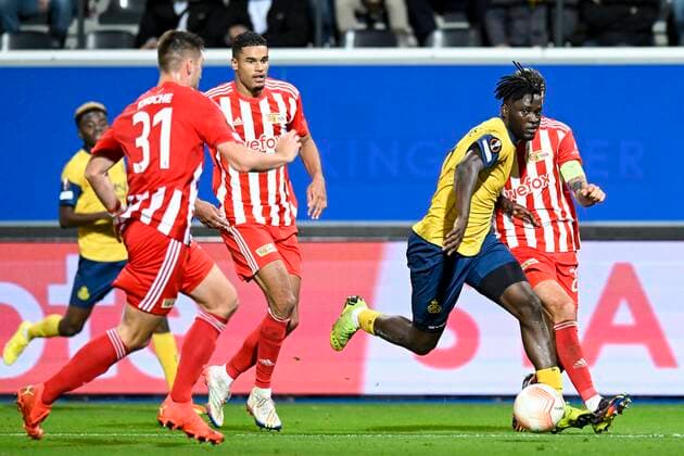 LEUVEN, BELGIUM - NOVEMBER 03 : Boniface Victor forward of Union St-Gilloise pictured in action during UEFA Europa league match between Union St-Gilloise and Union Berlin at the King Power Stadium at den Dreef November 3, 2022 in Leuven, Belgium, 3 11 2022 ( Union ST-Gilloise v Union Berlin PhotoNews Panoramic 