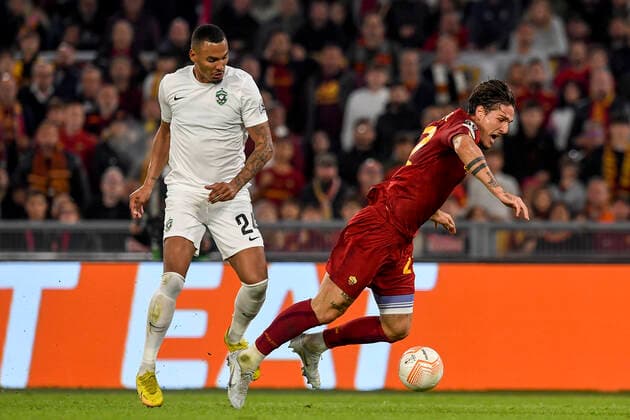 Olivier Verdon of Ludogorets makes a penalty foul on Nicolo Zaniolo of AS Roma during the Europa League Group C football match between AS Roma and Ludogorets at Olimpico stadium in Roma (Italy), November 3rd, 2022. Photo Antonietta Baldassarre Insidefoto andreaxstaccioli
