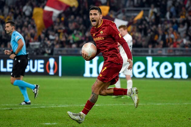 Lorenzo Pellegrini of AS Roma celebrates after scoring on penalty the goal of 1-1 during the Europa League Group C football match between AS Roma and Ludogorets at Olimpico stadium in Roma (Italy), November 3rd, 2022. Photo Antonietta Baldassarre Insidefoto andreaxstaccioli
