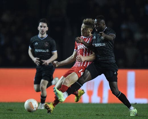 Yannik Keitel of SC Freiburg is pressured whilst in possession during the UEFA Europa League Group G match between Qaraba? FK and SC Freiburg at The Tofiq Bahramov Republican Stadium in Baku, Azerbaijan  Copyright: xx