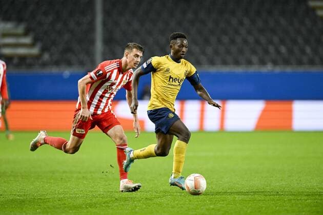 LEUVEN, BELGIUM - NOVEMBER 03 : Amani Lazare midfielder of Union St-Gilloise pictured in action during UEFA Europa league match between Union St-Gilloise and Union Berlin at the King Power Stadium at den Dreef November 3, 2022 in Leuven, Belgium, 3 11 2022 ( Union ST-Gilloise v Union Berlin PhotoNews Panoramic 