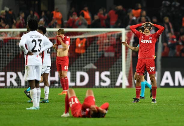 03 11 2022, Cologne, Germany, RheinEnergieStadium, 1 FC Koeln vs OGC Nice UEFA Europa Conference League Group D, Timo Huebers 1 FC Koeln , Linton Maina 1 FC Koeln and Ellyes Skhiri 1 FC Koeln disappointed Photo Ralf Treese Cologne RheinEnergieStadium North Rhine Westphalia Germany  521_KOENIZ20221103_026 Treese-521
