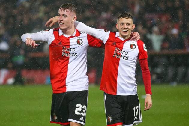 ROTTERDAM, 3-11-2022, Stadium de Kuip, the UEFA Europa League Feyenoord - Lazio Roma, Feyenoord player Patrik Walemark, Feyenoord player Sebastian Szymanski after the match Feyenoord - Lazio  x19135103x Copyright: