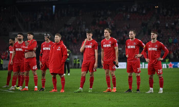 Cologne players disappointment 03 11 2022, football, UEFA Europa Conference League, 2022 23 season, group stage, matchday 6 1 FC Köln OGC Nice Koeln RheinEnergieStadion Nordrhein Westfalen Germany Team2