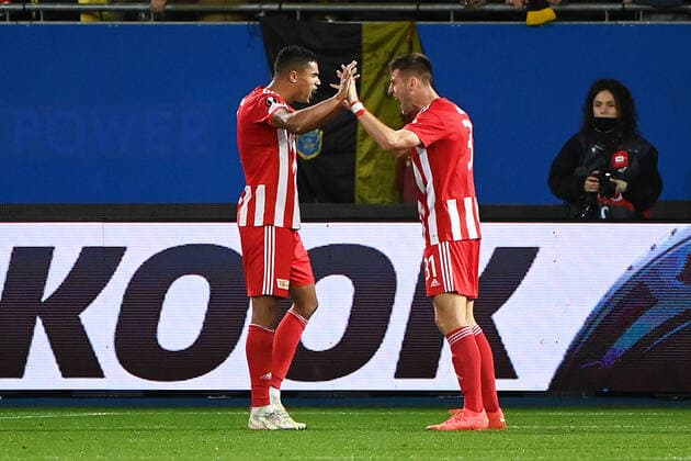 Football, Men, 2022 2023 season, Europa League group stage, Group D, matchday 6 , Royale Union Saint Gilloise 1 FC Union Berlin, v l Danilho Doekhi 1 FC Union Berlin, 5 and Robin Knoche 1 FC Union Berlin, 31 final cheer, cheers after 0 1 win, 03 11 2022, Copyright: xMatthiasxKochx