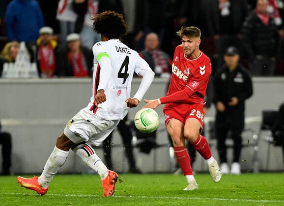 03 11 2022, Cologne, Germany, RheinEnergieStadium, 1 FC Koeln vs OGC Nice UEFA Europa Conference League Group D, Dante OGC Nice and Jan Thielmann 1 FC Koeln in duel Photo Ralf Treese Cologne RheinEnergieStadium North Rhine Westphalia Germany  521_KOENIZ20221103_032 Treese-521
