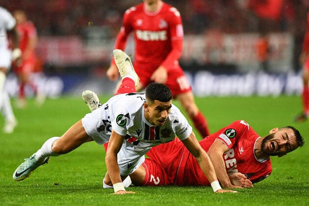 GERMANY, COLOGNE - NOVEMBER 3, 2022: Youcef Atal, Sargis Adamyan. The match of UEFA Europa Conference League 1. FC Köln - OGC Nizza at RHEIN Energie Stadion  Copyright: xVitaliixKliuievx