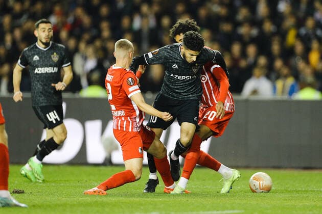Kady of Qarabag FK fight the ball Hugo Siquet of Club Freiburg during the UEFA Europa League group G match between Qarabag FK and Sport-Club Freiburg at Tofig Bahramov Stadium on November 3, 2022, in Baku, Azerbaijan. Copyright: xAzizxKarimovx qar_fraa_-12