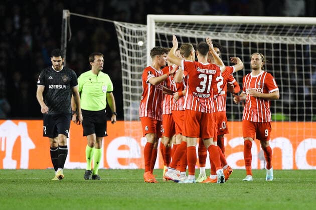 Club Freiburg™s Nils Petersen celebrates scoring their first goal with teammates during the match the UEFA Europa League group G match between Qarabag FK and Sport-Club Freiburg at Tofig Bahramov Stadium on November 3, 2022, in Baku, Azerbaijan. Copyright: xAzizxKarimovx qar_fraa_-14