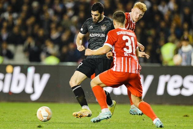 Ramil Sheydaev of Qarabag FK fight the ball Keven Schlotterbeck of Club Freiburg during the UEFA Europa League group G match between Qarabag FK and Sport-Club Freiburg at Tofig Bahramov Stadium on November 3, 2022, in Baku, Azerbaijan. Copyright: xAzizxKarimovx qar_fraa_-16