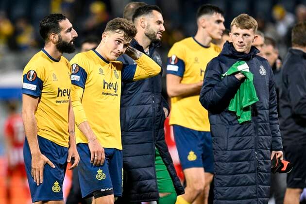 LEUVEN, BELGIUM - NOVEMBER 03 : Eckert Ayensa Dennis forward of Union St-Gilloise shows dejection after losing a UEFA Europa league match between Union St-Gilloise and Union Berlin at the King Power Stadium at den Dreef November 3, 2022 in Leuven, Belgium, 3 11 2022 ( Union ST-Gilloise v Union Berlin PhotoNews Panoramic 