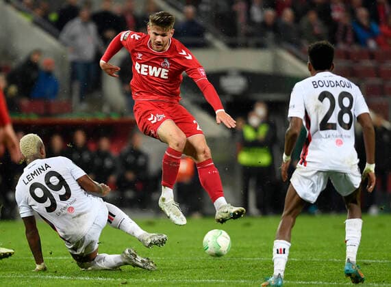 03 11 2022, Cologne, Germany, RheinEnergieStadium, 1 FC Koeln vs OGC Nice UEFA Europa Conference League Group D, Mario Lemina OGC Nice , Jan Thielmann 1 FC Koeln and Hicham Boudaoui OGC Nice in duel Photo Ralf Treese Cologne RheinEnergieStadium North Rhine Westphalia Germany  521_KOENIZ20221103_062 Treese-521