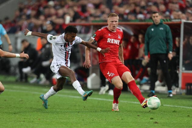 Hicham Boudaoui Nice , Kristian Pedersen Koeln , Conference League, Cologne, Germany, 06 10 2022, 1 FC Köln OGC Nice