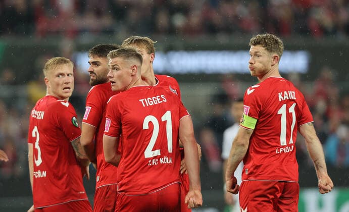 Kristian Pedersen Koeln , Nikola Soldo Köln , Steffen Tigges Köln , Florian Kainz Köln , Conference League, Cologne, Germany, 06 10 2022, 1 FC Köln OGC Nice