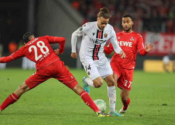Ellyes Skhiri Cologne , Billal Brahimi Nice , Linton Maina Cologne , Conference League, Cologne, Germany, 06 10 2022, 1 FC Cologne OGC Nice