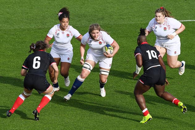 Rugby, WM Frauen, Kanada - England 5th November 2022; Auckland, New Zealand: Poppy Cleall of England (R) and Tatyana Heard of England. Canada versus England, Women& x2019;s Rugby World Cup New Zealand 2021 (played in 2022) Semi Final match at Eden Park, Auckland, New Zealand  ActionPlus12445011 AndrewxCornaga