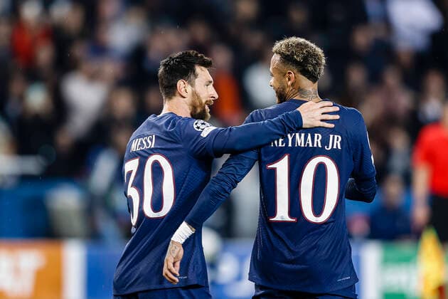 Paris, France October 25 Lionel Messi of Paris Saint Germain L celebrating his goal with his teammate Neymar Junior of Paris Saint Germain R during the UEFA Champions League group H match between Paris Saint Germain and Maccabi Haifa FC at Parc des Princes on October 25, 2022 in Paris, France Photo by Antonio Borga Eurasia Sport Images Paris Parc des Princes France  Copyright: x x2022xEurasiaxSportxImagesx