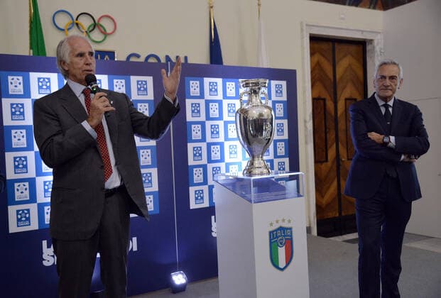November 9, 2022, ROME, ITALY: FIGC president Gabriele Gravina (R) and CONI president Giovanni MalagÃ² at the inauguration of the exhibition of soccer memorabilia from the 1930s La Storia siamo noi ( We are history ) at the CONI Hall of Honor, in Rome, Italy, 09 November 2022. From the cup won at the last European to many memorabilia that have accompanied the history of soccer in Italy: the national team, Nationalteam is on display in Rome at the CONI Hall of Honor today and tomorrow with some of the jewels of the Coverciano Football Museum. We are the story - the title of the exhibition open to the public on 9 and 10 November, with free admission - which will allow visitors to closely admire part of the immense heritage of memorabilia, trophies, jerseys, balls, shoes, memorabilia and images of all kinds related to the 112 years of the Azzurri available at the historic headquarters of the Football Museum, which has been located since 1990 next to the Federal Technical Center of Coverciano..ANSA FABIO CIMAGLIA ROME ITALY - ZUMAa110 20221109_zaf_a110_007 Copyright: xFabioxCimagliax
