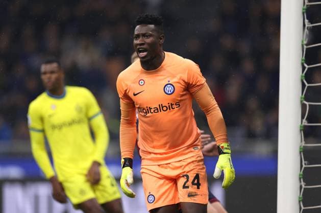 Milan, Italy, 9th November 2022. Andre Onana of FC Internazionale reacts during the Serie A match at Giuseppe Meazza, Milan. Picture credit should read: Jonathan Moscrop Sportimage EDITORIAL USE ONLY. No use with unauthorised audio, video, data, fixture lists, club league logos or live services. Online in-match use limited to 120 images, no video emulation. No use in betting, games or single club league player publications. SPI-2016-0075