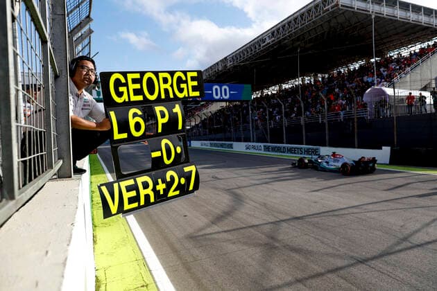 Pitboard for 63 George Russell GBR, Mercedes AMG Petronas F1 Team , F1 Grand Prix of Brazil at Autodromo Jose Carlos Pace on November 12, 2022 in Sao Paulo, Brazil Photo by HOCH ZWEI Sao Paulo Brazil