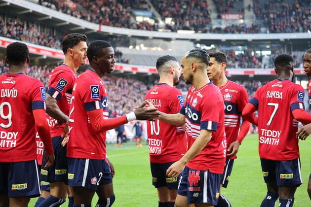 Fußball, OSC Lille - SCO Angers Joie des joueurs de Lille lors du match LOSC - Angers - Ligue 1 Uber Eats - Decathlon Arena stade Pierre Mauroy Villeneuve d Ascq - 13 novembre 2022 FOOTBALL : LOSC vs ANGERS - Ligue1 Uber Eats - 13 11 2022 LaurentSanson Panoramic 