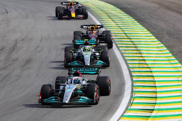 63 George Russell GBR, Mercedes AMG Petronas F1 Team , 44 Lewis Hamilton GBR, Mercedes AMG Petronas F1 Team , 1 Max Verstappen NLD, Oracle Red Bull Racing , F1 Grand Prix of Brazil at Autodromo Jose Carlos Pace on November 13, 2022 in Sao Paulo, Brazil Photo by HOCH ZWEI Sao Paulo Brazil