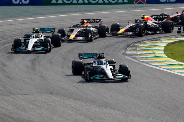 Start, 63 George Russell GBR, Mercedes AMG Petronas F1 Team , 44 Lewis Hamilton GBR, Mercedes AMG Petronas F1 Team , 1 Max Verstappen NLD, Oracle Red Bull Racing , 11 Sergio Perez MEX, Oracle Red Bull Racing , F1 Grand Prix of Brazil at Autodromo Jose Carlos Pace on November 13, 2022 in Sao Paulo, Brazil Photo by HOCH ZWEI Sao Paulo Brazil