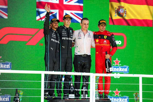 44 Lewis Hamilton GBR, Mercedes AMG Petronas F1 Team , 63 George Russell GBR, Mercedes AMG Petronas F1 Team , Riccardo Musconi ITA, Mercedes AMG Petronas F1 Team , 55 Carlos Sainz ESP, Scuderia Ferrari , F1 Grand Prix of Brazil at Autodromo Jose Carlos Pace on November 13, 2022 in Sao Paulo, Brazil Photo by HOCH ZWEI Sao Paulo Brazil
