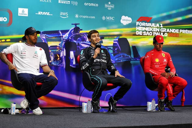 RUSSELL George (gbr), Mercedes AMG F1 Team W13, portrait HAMILTON Lewis (gbr), Mercedes AMG F1 Team W13, portrait SAINZ Carlos (spa), Scuderia Ferrari F1-75, portrait press conference, PK, Pressekonferenz during the Formula 1 Heineken Grande Premio de Sao Paulo 2022, Sao Paulo Grand Prix Grand Prix 2022, 21st round of the 2022 FIA Formula One World Championship, WM, Weltmeisterschaft from November 11 to 13, 2022 on the Interlagos Circuit, in Sao Paulo, Brazil - F1 - SAO PAULO GRAND PRIX 2022 - RACE DPPI Panoramic  BRAZIL_SUNDAY_FIA_PRESS_CONF_24