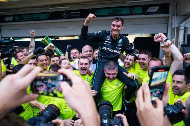 RUSSELL George (gbr), Mercedes AMG F1 Team W13, portrait celebration of his first win during the Formula 1 Heineken Grande Premio de Sao Paulo 2022, Sao Paulo Grand Prix Grand Prix 2022, 21st round of the 2022 FIA Formula One World Championship, WM, Weltmeisterschaft from November 11 to 13, 2022 on the Interlagos Circuit, in Sao Paulo, Brazil - F1 - SAO PAULO GRAND PRIX 2022 - RACE DPPI Panoramic  00122048__V2_2299