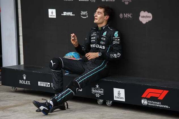 RUSSELL George (gbr), Mercedes AMG F1 Team W13, portrait celebrating victory during the Formula 1 Heineken Grande Premio de Sao Paulo 2022, Sao Paulo Grand Prix Grand Prix 2022, 21st round of the 2022 FIA Formula One World Championship, WM, Weltmeisterschaft from November 11 to 13, 2022 on the Interlagos Circuit, in Sao Paulo, Brazil - F1 - SAO PAULO GRAND PRIX 2022 - RACE DPPI Panoramic  20221113_F12022GP21BRA_JK196678