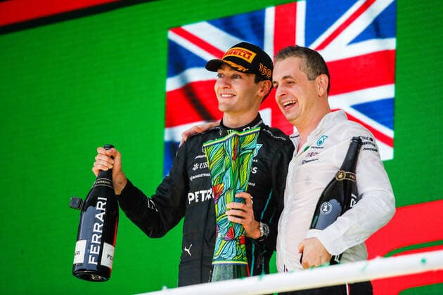 podium RUSSELL George (gbr), Mercedes AMG F1 Team W13, portrait during the Formula 1 Heineken Grande Premio de Sao Paulo 2022, Sao Paulo Grand Prix Grand Prix 2022, 21st round of the 2022 FIA Formula One World Championship, WM, Weltmeisterschaft from November 11 to 13, 2022 on the Interlagos Circuit, in Sao Paulo, Brazil - F1 - SAO PAULO GRAND PRIX 2022 - RACE DPPI Panoramic  00122048__V2_2265