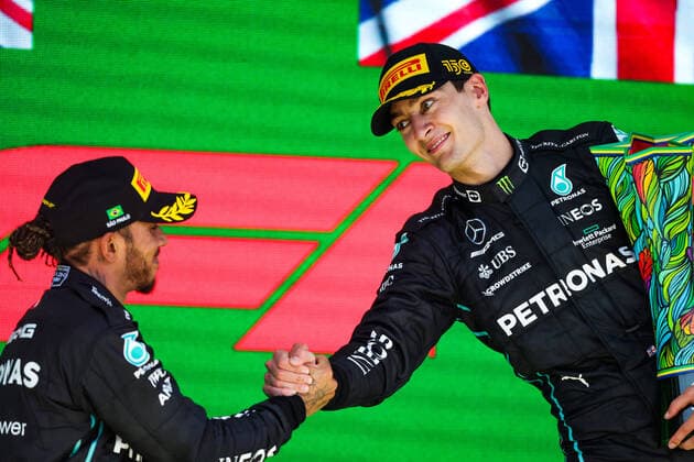 Podium: HAMILTON Lewis (gbr), Mercedes AMG F1 Team W13, RUSSELL George (gbr), Mercedes AMG F1 Team W13, portrait during the Formula 1 Heineken Grande Premio de Sao Paulo 2022, Sao Paulo Grand Prix Grand Prix 2022, 21st round of the 2022 FIA Formula One World Championship, WM, Weltmeisterschaft from November 11 to 13, 2022 on the Interlagos Circuit, in Sao Paulo, Brazil - F1 - SAO PAULO GRAND PRIX 2022 - RACE DPPI Panoramic 20221113_GOOD6068