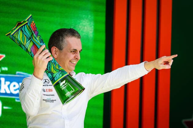 Mercedes AMG F1 Team on the podium during the Formula 1 Heineken Grande Premio de Sao Paulo 2022, Sao Paulo Grand Prix Grand Prix 2022, 21st round of the 2022 FIA Formula One World Championship, WM, Weltmeisterschaft from November 11 to 13, 2022 on the Interlagos Circuit, in Sao Paulo, Brazil - F1 - SAO PAULO GRAND PRIX 2022 - RACE DPPI Panoramic  20221113_GOOD6076